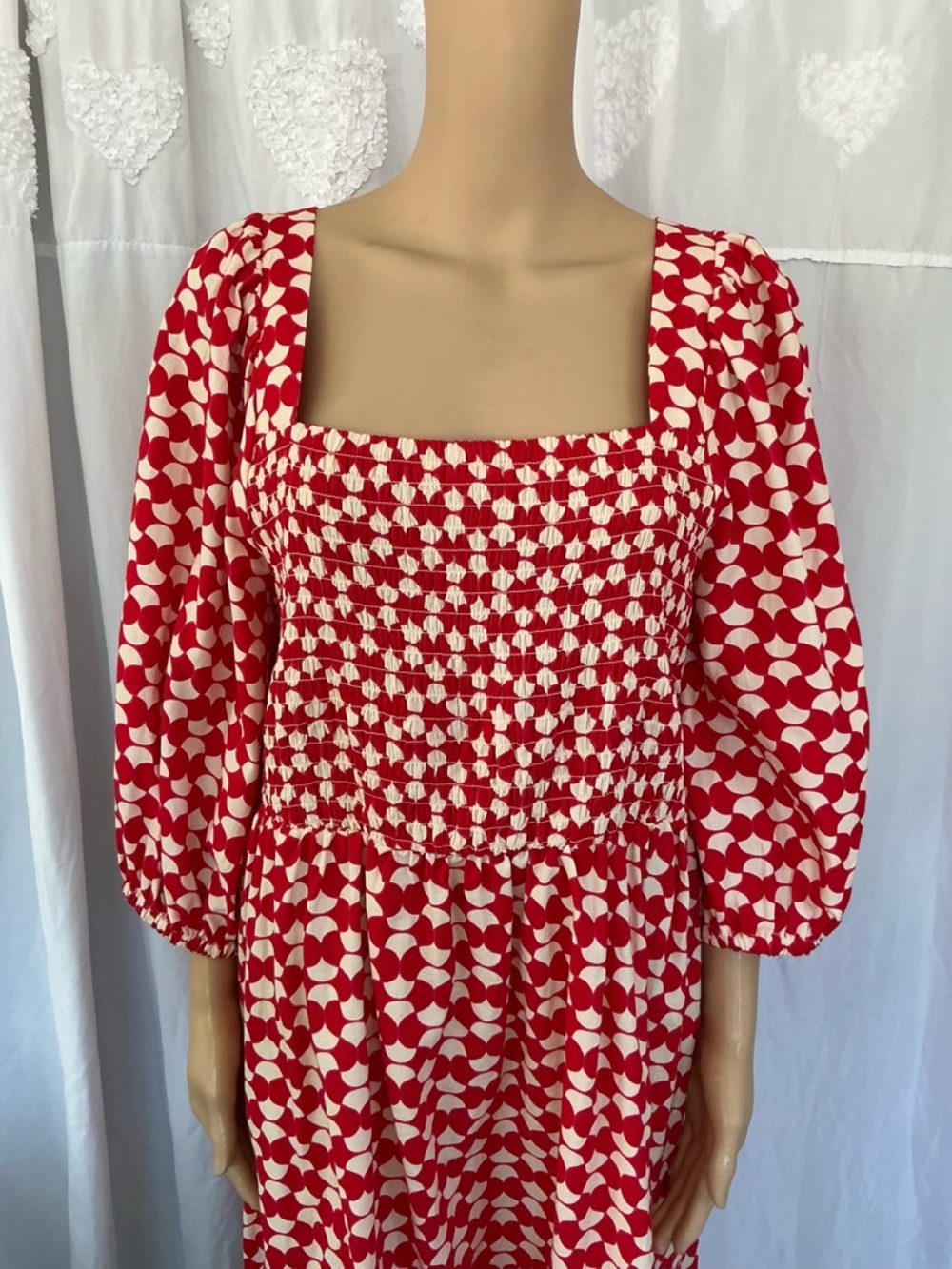 Ava & Viv Red Smocked Square-Neck Midi Summer Beach Red/White Dress 100%Cotton - Picture 2 of 13